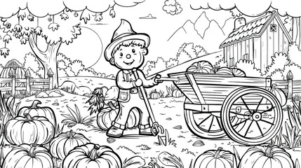 Coloring page with little farmer pumpkins and cart.