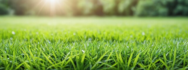 Green lawn with fresh grass outdoors. Nature spring grass background texture, blurred background...