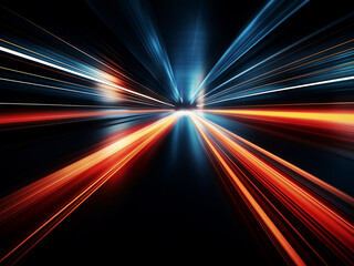 Motion blurs as light and stripes swiftly accelerate over the dark background.