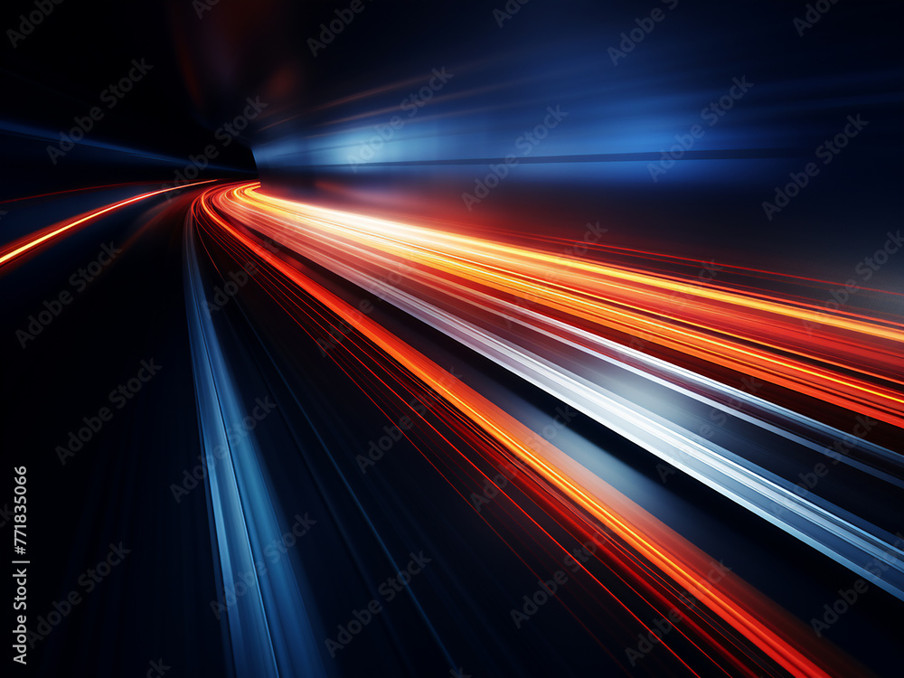 Poster dark background illuminated by the fast movement of light and stripes.