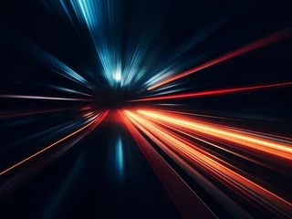 Foto op Plexiglas Velocity surges as light and stripes speed in darkness. © Llama-World-studio
