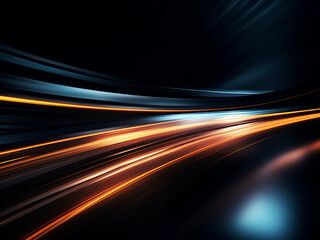 Rapid motion ensues as light and stripes blur in darkness. - obrazy, fototapety, plakaty