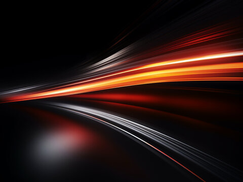 Motion blurs as light and stripes speed over dark canvas.