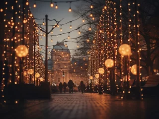 Deurstickers Christmas lights adorn an artistic background with festive charm. © Llama-World-studio