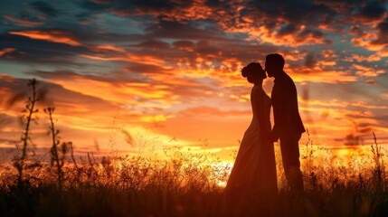 silhouette of wedding Couple in love kissing and holding hand together during sunset with evening sky background