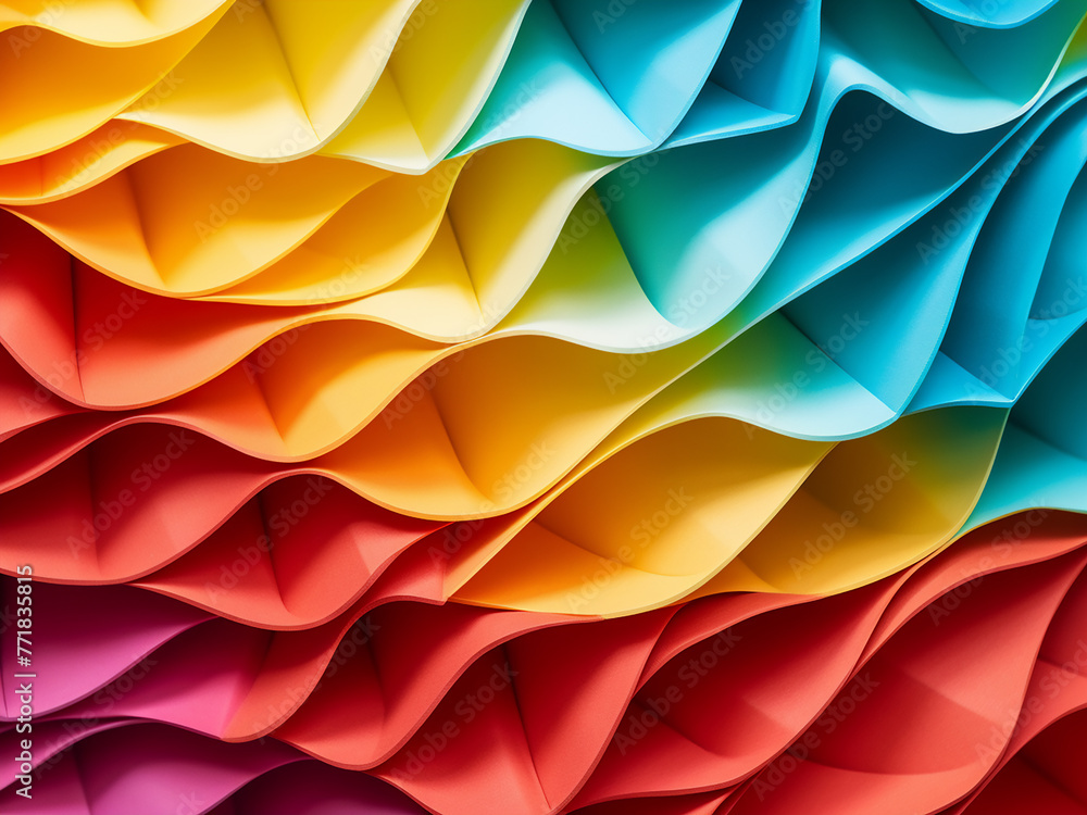 Poster curved paper sheets form an intricate origami pattern with reflective allure.