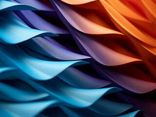 Vibrant origami patterns on curved paper showcased in macro imagery with mirror reflection.
