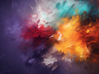 Vibrant paint strokes and splashes create an expressive texture.