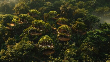 Fototapeta na wymiar A bird's-eye view of a sustainable eco-village surrounded by lush greenery, emphasizing the potential for holistic, eco-conscious communities to thrive in harmony with nature.