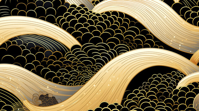 Horizontal Luxury Image of Elegant Gold Pattern on Black Background in Japanese Style
