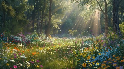 A peaceful forest clearing with sunlight filtering through the trees, illuminating a carpet of colorful wildflowers in bloom. - obrazy, fototapety, plakaty