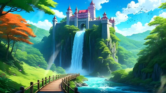 Path leading to enchanting castle in forest, cartoon-style river, vibrant colors, fantasy backdrop. Seamless looping 4k time-lapse video animation background