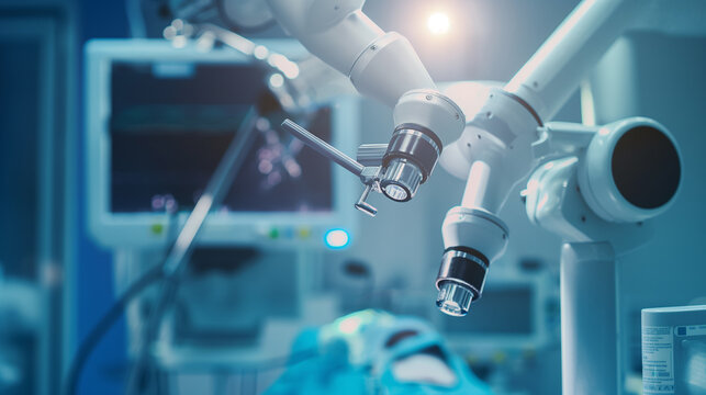 An electric blue robotic arm, engineered with precision, is performing surgery on a patient in the operating room. This event showcases the intersection of science and machine technology