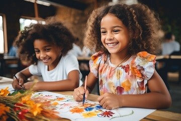 Happy afro girls, friends painting together at class.