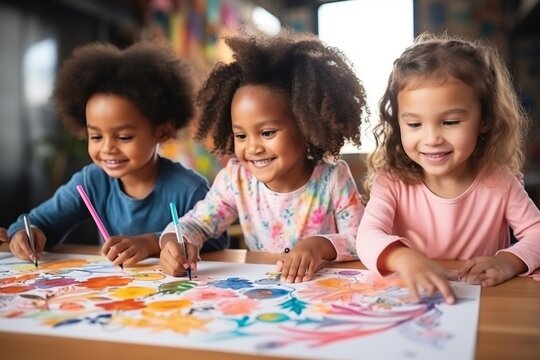 Happy afro girls, friends painting together at class.