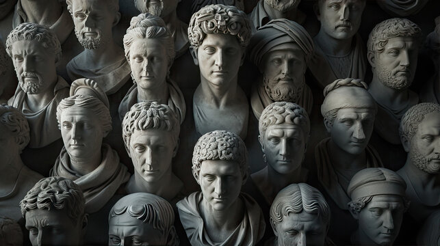 Busts of Ancient Human Figures in Gypsum Arranged in Groups for Artists Against a Dark Background. Face-Shaped Plaster Sculptures of Vintage Humans Depicting Renaissance Era Fashion. Academic Topic
