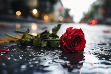 A red rose lies on the street in rainy weather.
