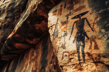 A UFO encounter as a cave painting on a rock face.