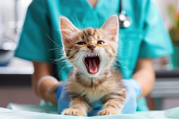 Close-up of a tabby kitten with its mouth open and teeth bared while being held by a veterinarian...