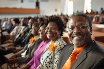 Confident Black Businessman Smiling in Stylish Suit at Diverse Church Service Gathering with Blurred Background of Seated Congregation