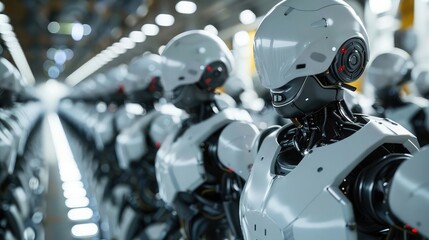 A collection of robots sit in close proximity to one another in a neat and organized arrangement, AI robots working in a futuristic IT lab,