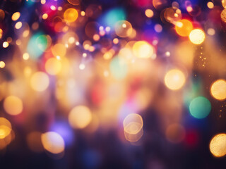 Obraz premium A holiday backdrop features defocused lights and twinkling stars in a festive setting.