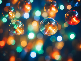Abstract blurred Christmas lights glow in hues of green, orange, and blue.