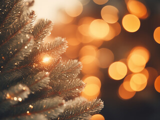 Defocused Christmas lights add a magical touch to the fir tree backdrop.