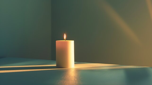 A single lit candle casting a soft glow on a plain surface, minimalist ambiance, real photo, stock photography ai generated high quality image