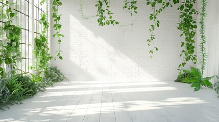 A spacious white room in a chic loft, adorned with lush greenery against the walls, real photo, stock photography