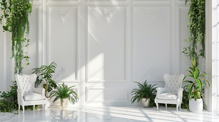 A grand white room within a lavish loft, featuring captivating wall patterns adorned with thriving green plants, real photo, stock photography ai generated high quality image