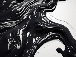 Close-up captures the intricate details of black and white fluid pouring.