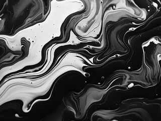 Abstract art showcases fluid pouring with black and white tones.