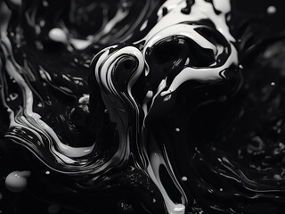 Detailed view of black and white fluid pouring in abstract acrylic painting.