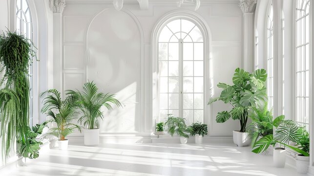 A grand white room within a lavish loft, featuring captivating wall patterns adorned with thriving green plants, real photo, stock photography ai generated high quality image