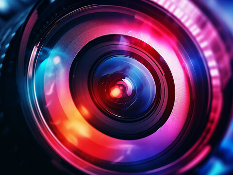 Professional camera lens aperture blades reveal color reflections.