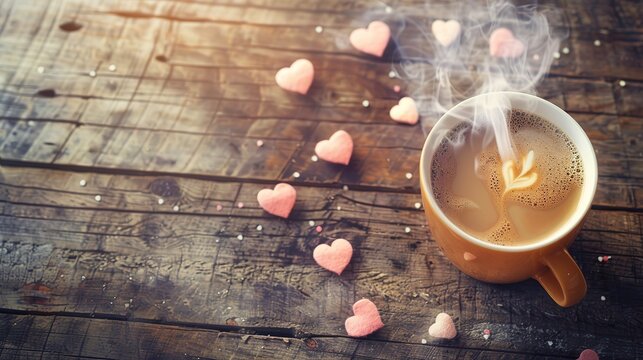 Steam rising from a freshly poured cup of coffee, set against the backdrop of a weathered wooden surface sprinkled with heart motifs, top view, real photo