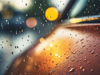 Raindrops embellish car mirror against bokeh light road, evoking travel vibes. - obrazy, fototapety, plakaty