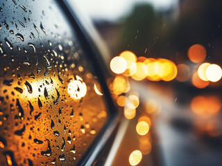 Raindrops decorate car mirror against bokeh light road, vintage style. - obrazy, fototapety, plakaty