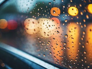 Raindrops adorn car mirror against bokeh light road, a transportation concept. - obrazy, fototapety, plakaty