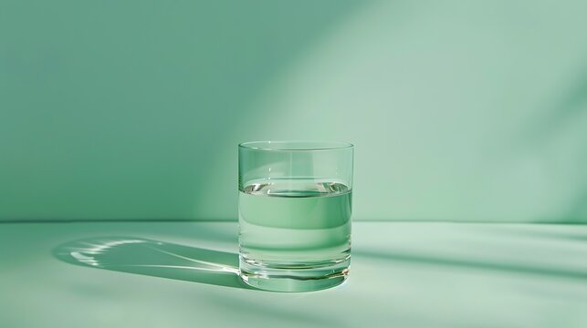 A minimalist glass of water set against a serene, mint green background, real photo generative ai image