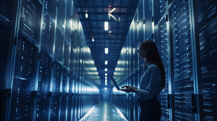 A woman is using a laptop in the electric bluelit server room of the city. The darkness, symmetry, and metal create an artful pattern, evoking a fun, fictional character event - obrazy, fototapety, plakaty