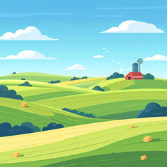 Rural landscape with a farm on field. Beautiful nature with sunny green hills, red old barn and blue sky. Country background for card, banner, poster	
