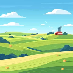Fototapeten Rural landscape with a farm on field. Beautiful nature with sunny green hills, red old barn and blue sky. Country background for card, banner, poster   © ratatosk