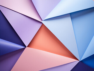Geometric arrangement showcases papers with purple, blue, and pink tones.