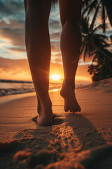 Low angle view of womans feet walking on a sandy beach on sunset. High quality photo