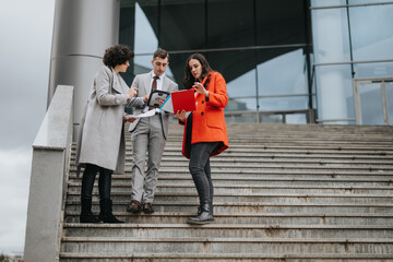 Entrepreneurial trio engrossed in a serious business discussion on office stairs, reflecting...