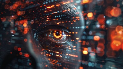 Zooming in with intricate detail, the camera captures the focused determination of a hacker in their quest to infiltrate cybersecurity defenses. - obrazy, fototapety, plakaty