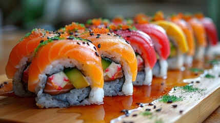 Colorful Sushi Rolls and Soy Sauce on Bamboo Board - Powered by Adobe