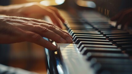 Exquisite extreme close-up of a musician's fingers skillfully playing intricate chords on a piano, symbolizing the harmonious relationship between music theory and composition. - obrazy, fototapety, plakaty